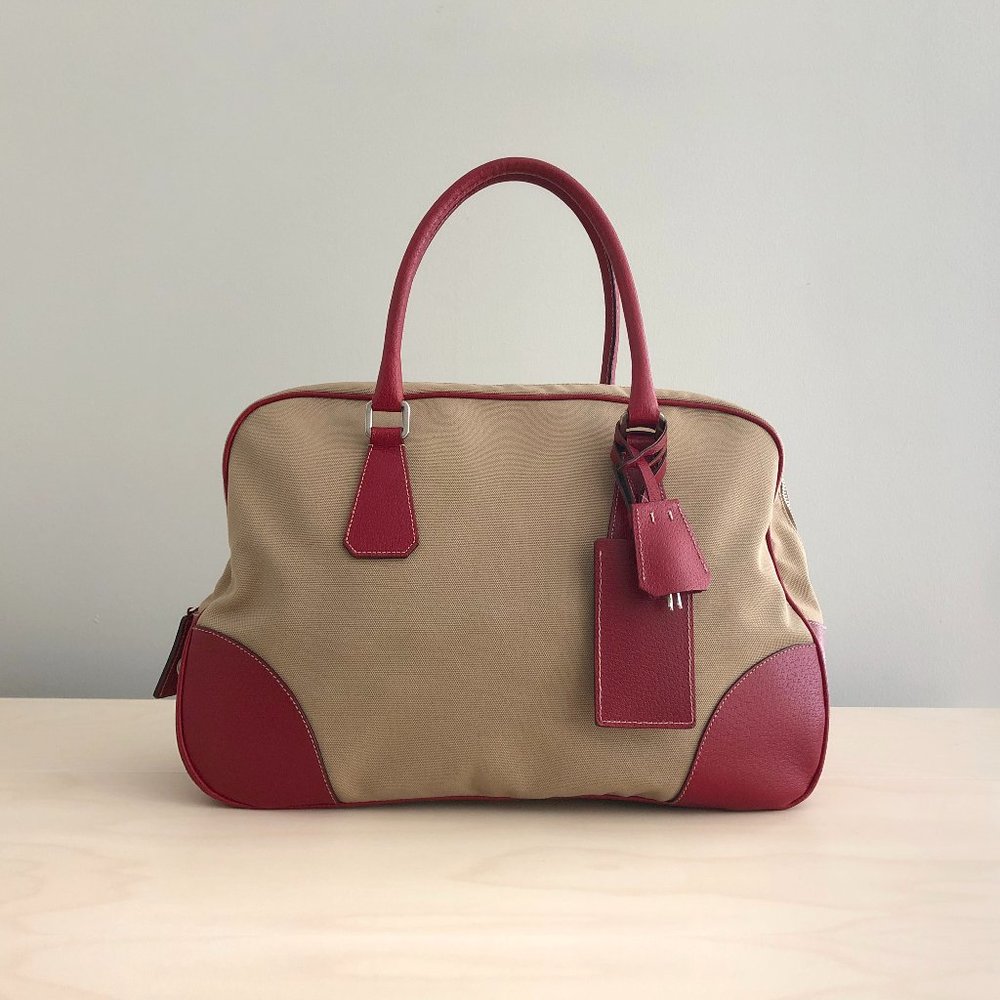 PRADA Rosso Cinghi Leather & Canapa Canvas Bowler Bag